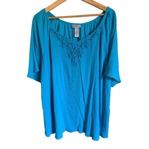 Catherines 2X Blue Gauzy Brushed Cotton V-Neck Short Sleeve Top